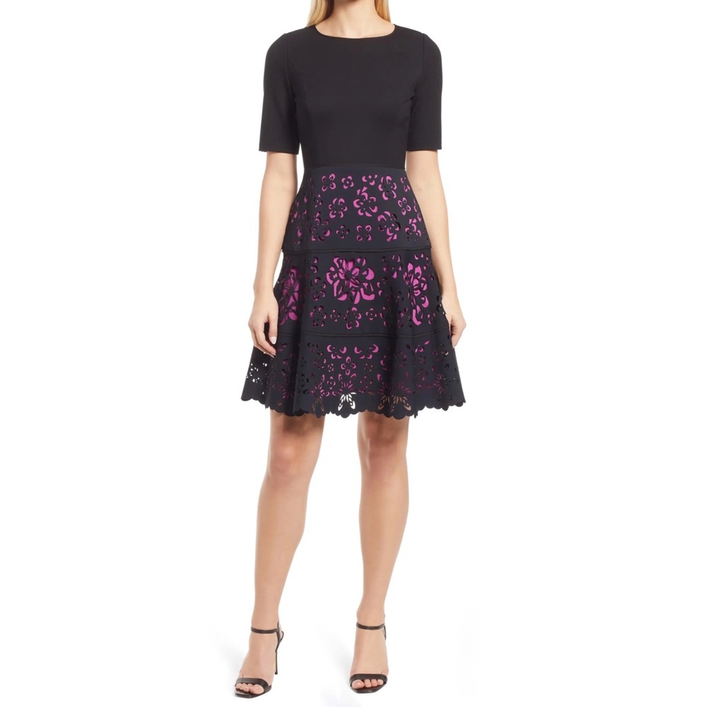 Shani Laser Cut Ponte Fit & Flare Size 16 Black & Pink  MSRP $384 NWT